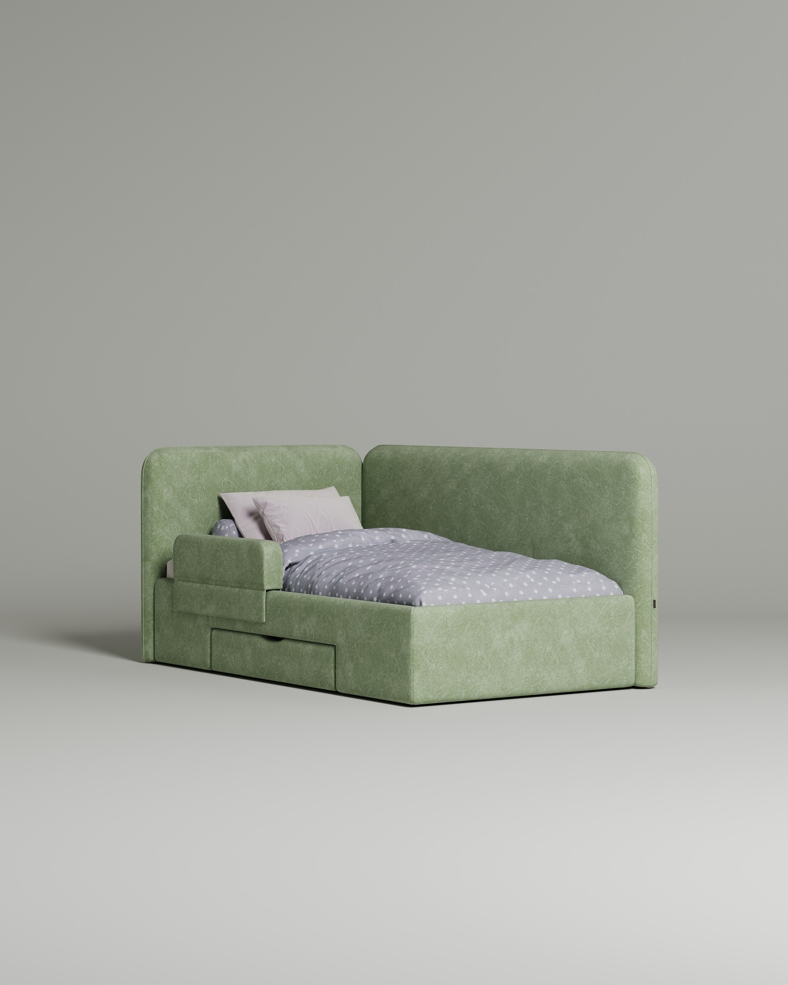 Кровать Tarmo под матрас 90x200 с мягким изголовьем и ящиком для хранения белья. Материал: Dania apple A (флок) Кровать Tarmo под матрас 90x200 с мягким изголовьем и ящиком для хранения белья. Материал: флок - Dania apple A