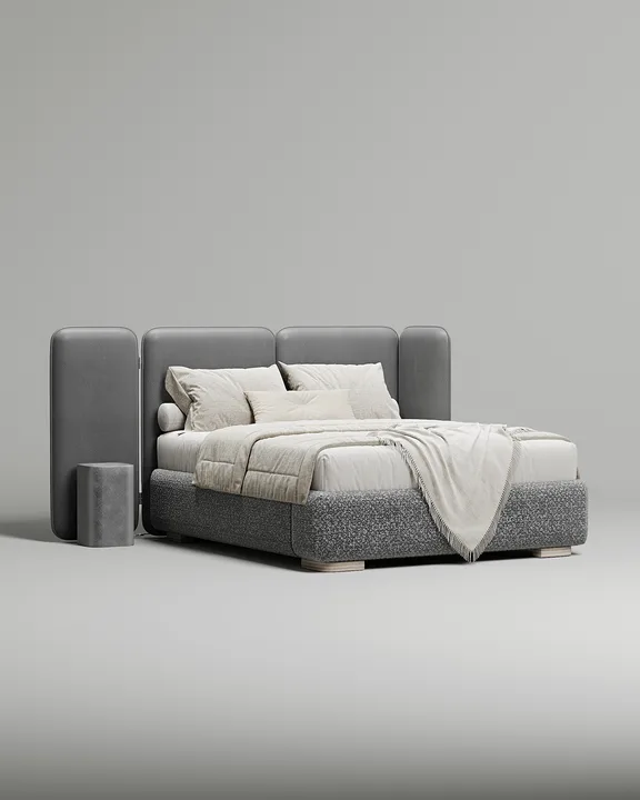 Кровать Нико под матрас 200x200 с мягким изголовьем и ящиком для хранения белья. Материал: Buckle dark grey A (букле) Кровать Нико под матрас 200x200 с мягким изголовьем и ящиком для хранения белья. Материал: букле - Buckle dark grey A