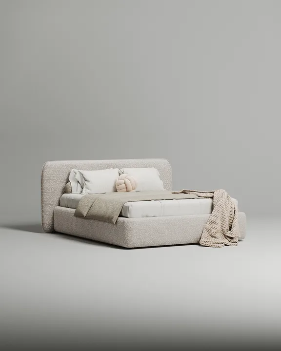 Кровать Эндре под матрас 180x200 с мягким изголовьем и ящиком для хранения белья. Материал: букле - Buckle white A