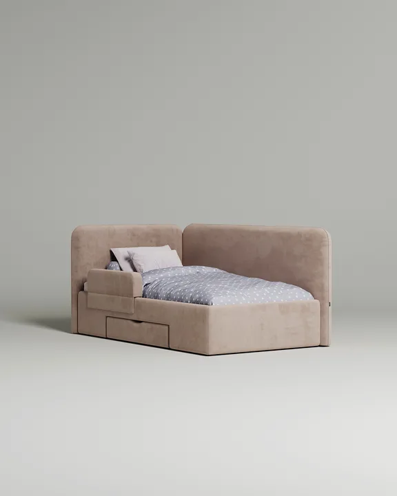 Кровать Тармо под матрас 100x200 с мягким изголовьем и ящиком для хранения белья. Материал: велюр - Velutto 05