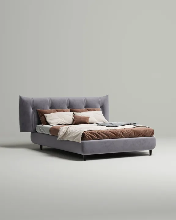 Кровать Эмон под матрас 200x200 с мягким изголовьем и ящиком для хранения белья. Материал: велюр - Novus 997