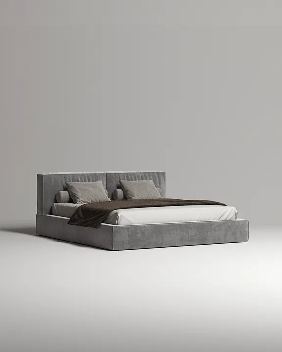 Кровать Борген под матрас 180x200 с мягким изголовьем и ящиком для хранения белья. Материал: Dania stone A (флок) Кровать Борген под матрас 180x200 с мягким изголовьем и ящиком для хранения белья. Материал: флок - Dania stone A