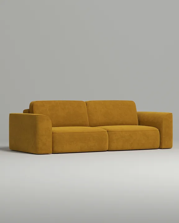 Стильный прямой диван Пауде. Материал: Искусственная замша. Цвет: Горчичный