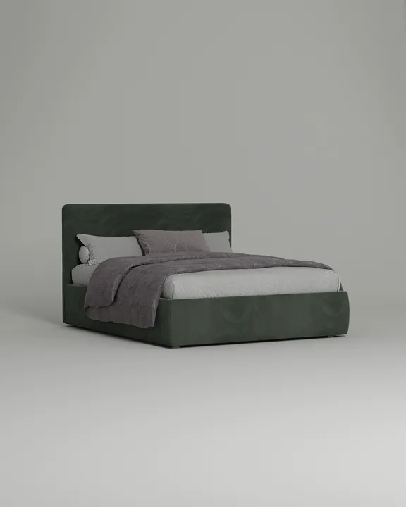 Кровать Окситания под матрас 200x200 с мягким изголовьем и ящиком для хранения белья. Материал: велюр - Novus 695