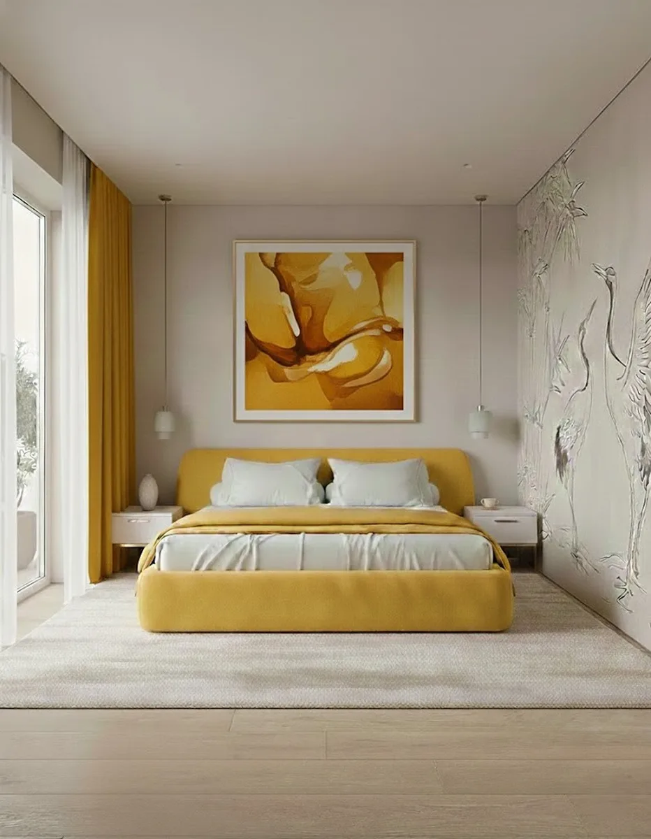 Двуспальная кровать Эндре 160x200 с мягким изголовьем (желтый велюр) Кровать двуспальная Эндре с мягким изголовьем (желтый велюр)