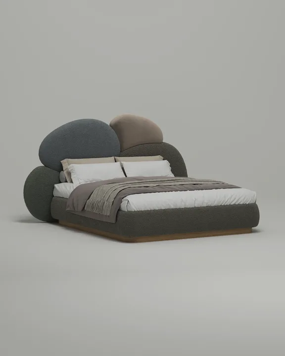 Кровать Промто под матрас 200x200 с мягким изголовьем и ящиком для хранения белья. Материал: букле - Pafos 07