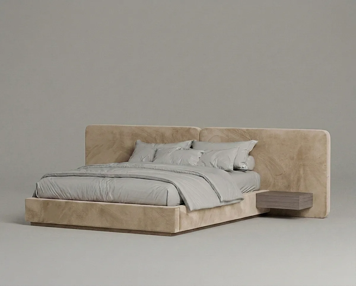 Двуспальная кровать Айри 200x200 с мягким изголовьем (бежевая искусственная замша) Кровать двуспальная Айри с мягким изголовьем (бежевая искусственная замша)