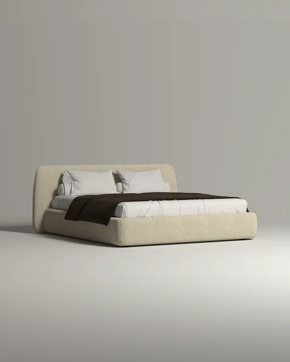 Кровать Эндре под матрас 200x200 с мягким изголовьем и ящиком для хранения белья. Материал: Buckle white A (букле) Кровать Эндре под матрас 200x200 с мягким изголовьем и ящиком для хранения белья. Материал: букле - Buckle white A