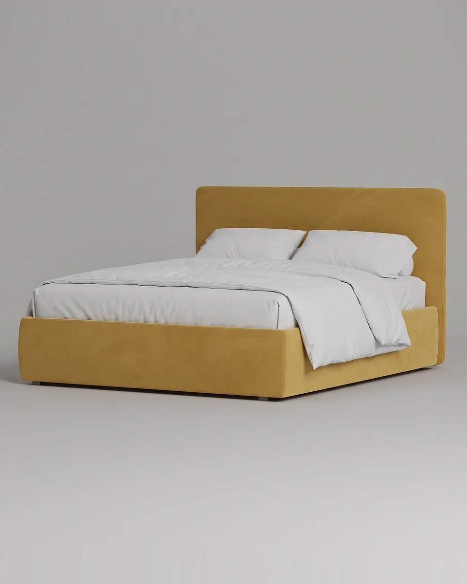 Двуспальная кровать Окситания 160x200 с мягким изголовьем (велюр горчичного цвета) Кровать двуспальная Окситания с мягким изголовьем (велюр горчичного цвета)